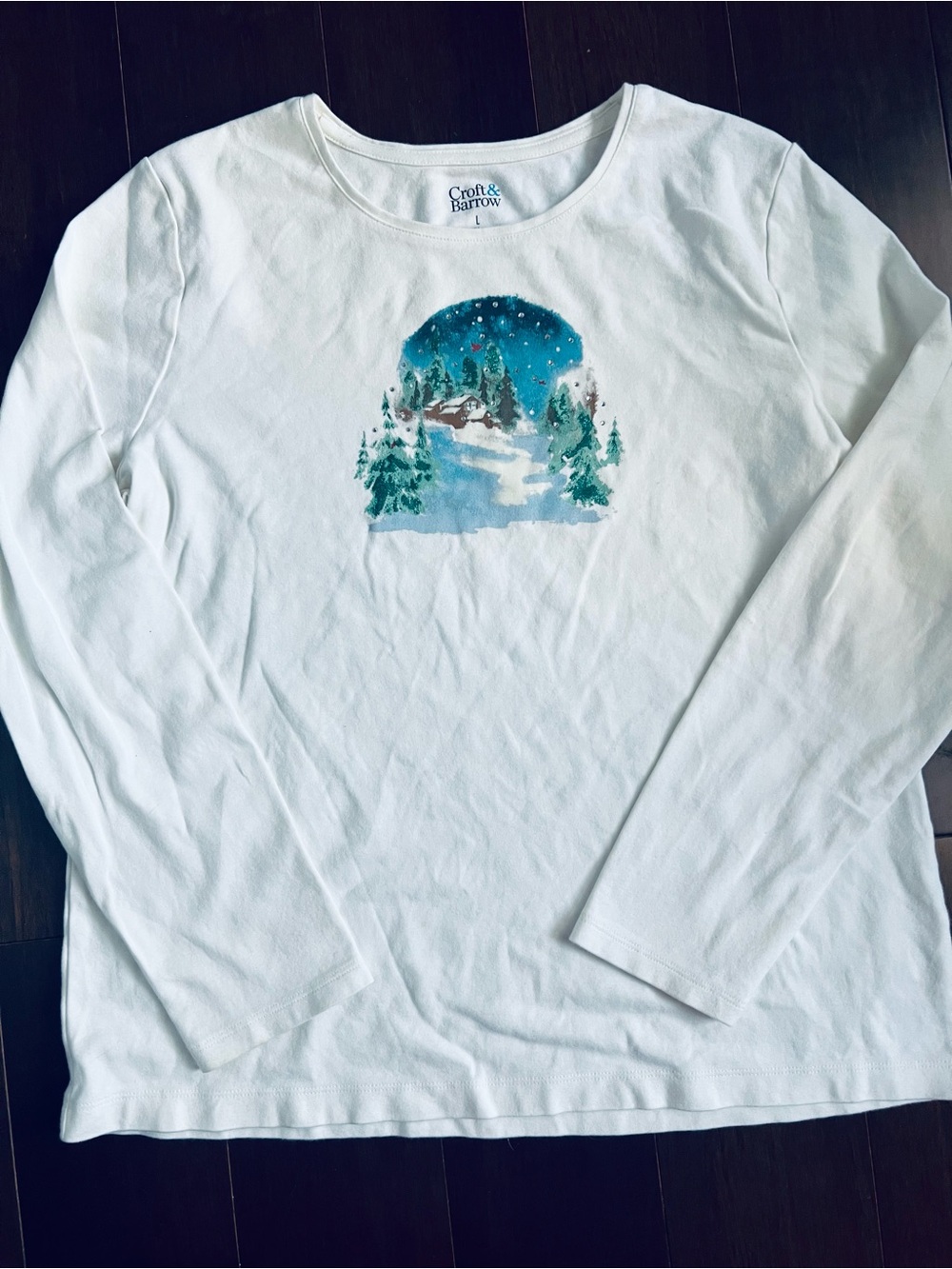 croft & barrow White Long-Sleeve Blue-Green Winter Cabin Graphic Holiday M